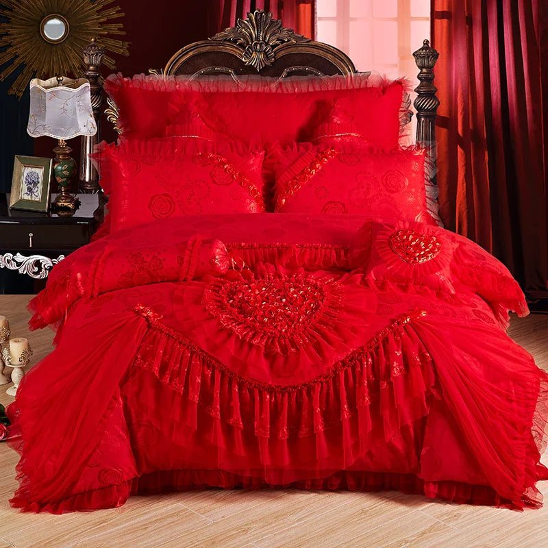 Luxury Wedding Bedding Sets Queen King Size Pink Princess Lace Bedcover Set Jacquard Duvet Cover Bed Sheet Pillowcases LadyShow.Store