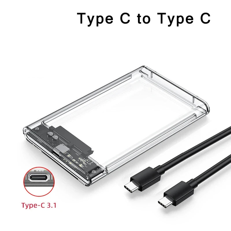 Transparent HDD Case HDD Enclosure 2.5 Inch SSD SATA To USB2.0 Type-C Adapter Portable External Hard Drive Box Tool-Free Pi-Mart