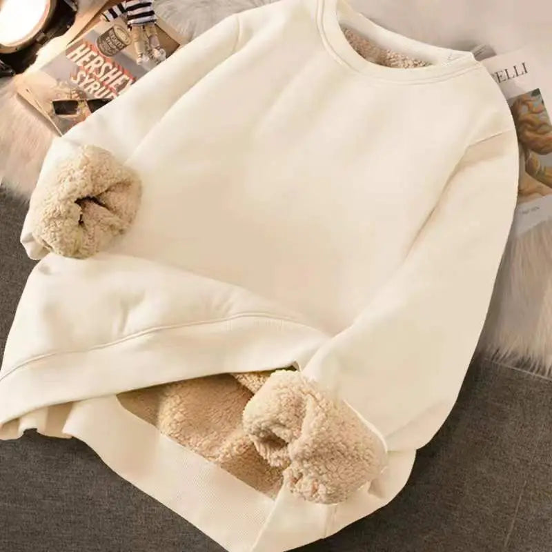 Sweatshirt Women's Winter Loose Letter Print Plush Thick Hooded Sweatshirt Warmth Padded Warm Fleece Lined Pullover Sweater Top LadyShow.Store