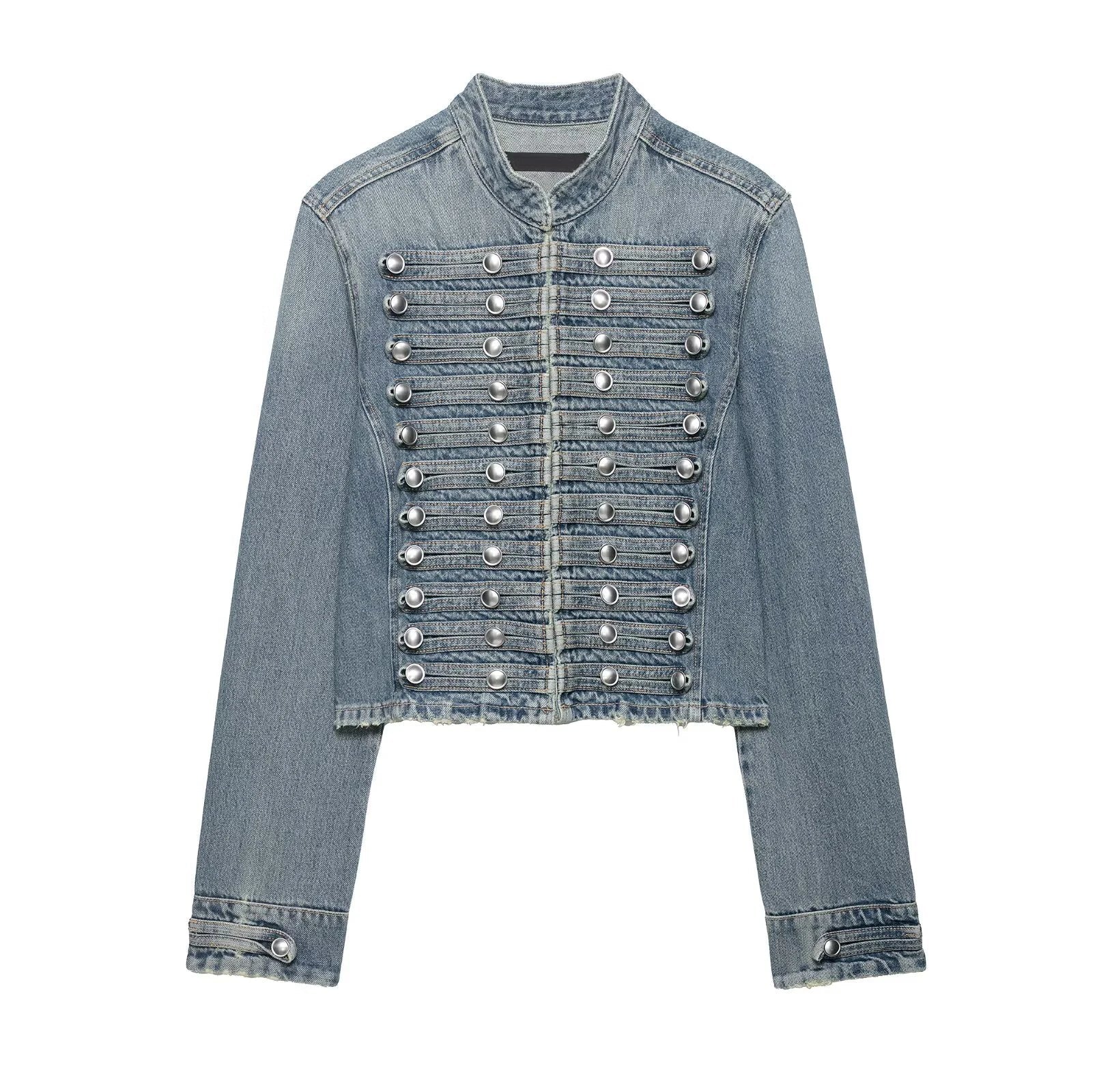 YENKYE Women's Cropped Denim Jacket Front Button Frayed Hem Stand Collar Streetwear Coat LadyShow.Store