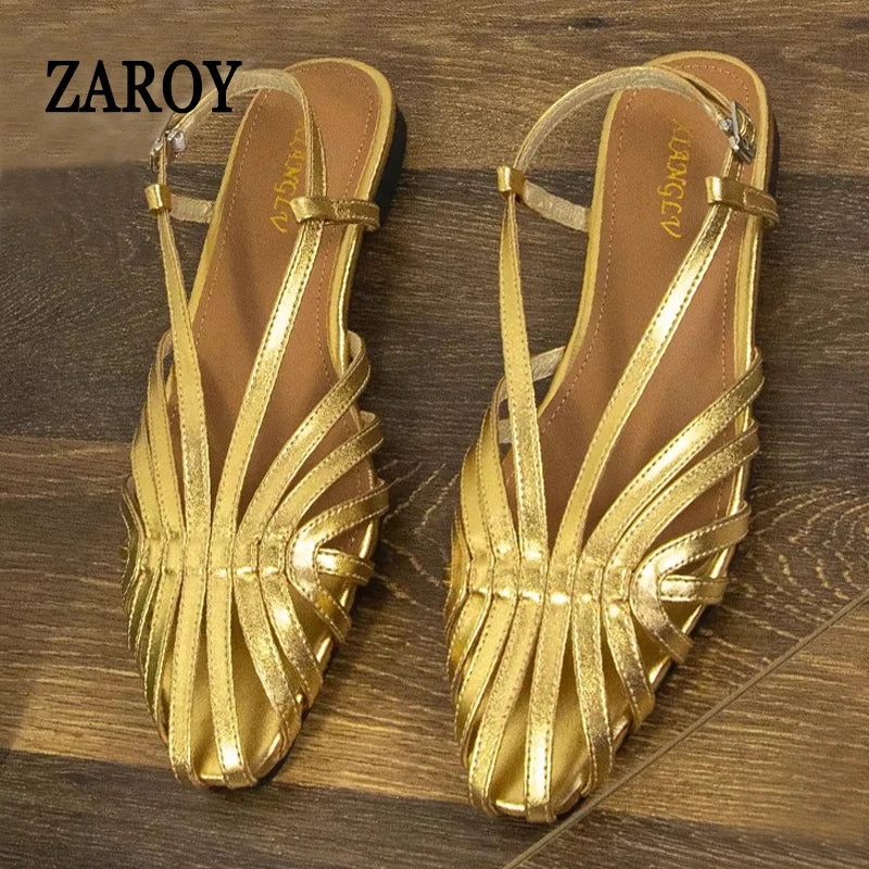 ZAROY Narrow Band Women Flat Sandals Large Size Designer Brand Banquet Wedding Shoes Summer Hollow Beach Gladiator Sandalias LadyShow.Store