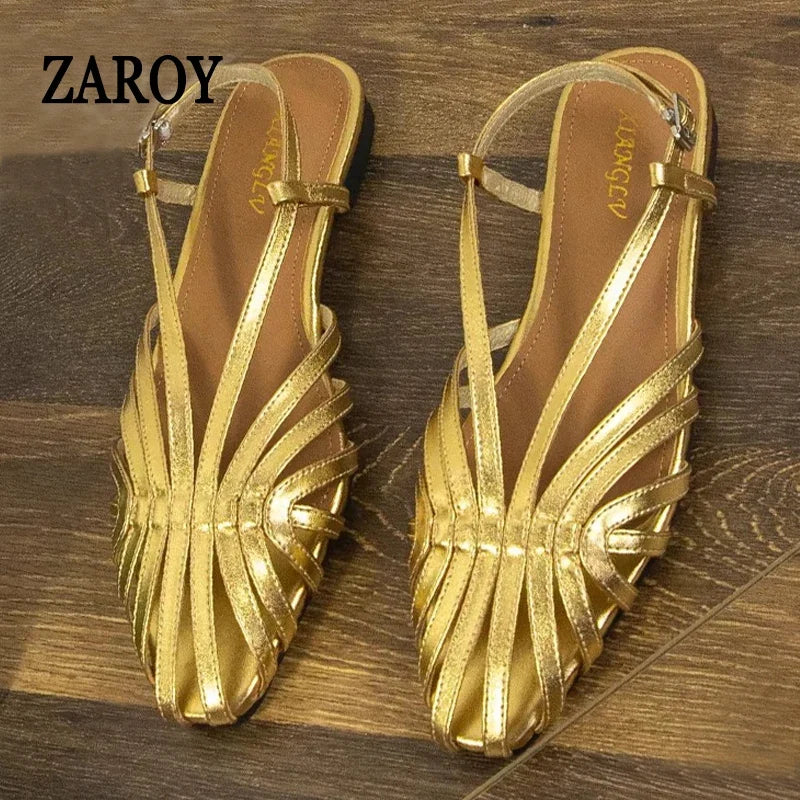 ZAROY Narrow Band Women Flat Sandals Large Size Designer Brand Banquet Wedding Shoes Summer Hollow Beach Gladiator Sandalias LadyShow.Store