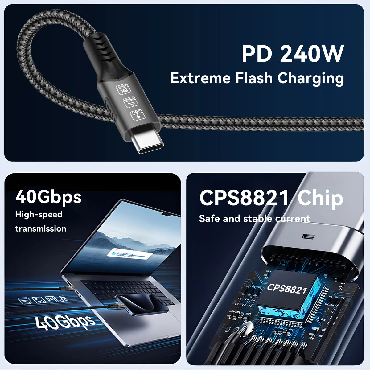 USB4 Cable 40Gbps 48V 240W For Thunderbolt 4 Type C Fast Charging Cable Thunderbolt3 USB C to C Data Transfer Cable For Laptop Pi-Mart
