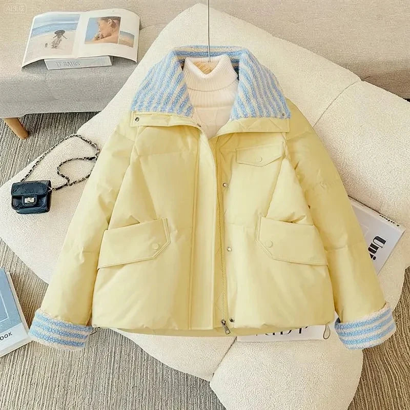 Women Lapel Collar Parkas Jacket Autumn Winter Femme Short Cotton Padded Coat Lady Fashion Long Sleeves Puffer Outwear LadyShow.Store