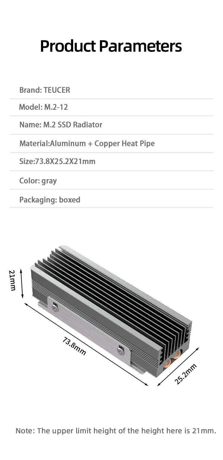 TEUCER M.2 NVMe 2280 SSD Heatsink Dual Copper Tube High Efficiency Radiator with Double-sided SSD Thermal Pad Pi-Mart