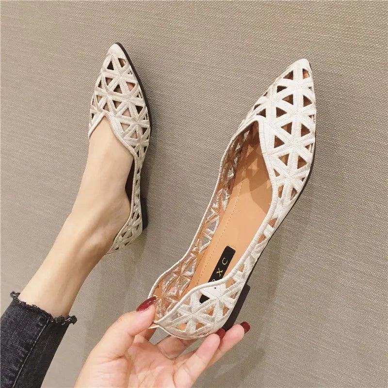 Flat Shoes Women 2026 Summer Pointy Joker Hollow Leisure Commuter Flat Spring Elegant Women's Shoes Breathable Hole Shoes Pi-Mart