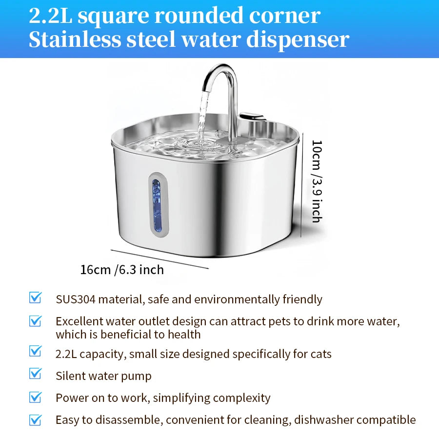 Large Capacity Cat Water Fountain Stainless Steel Automatic Pet Drinking Fountain for Indoor Cats Dogs Quiet Cat Water Dispener Pi-Mart
