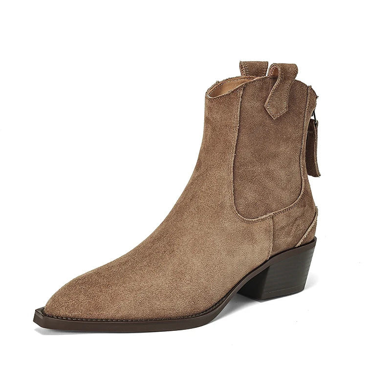 2025 Autumn Winter Trend Cow Suede Women Western Boots Black Brown Khaki Purple Green Burgundy Pointed Toe Ladies Ankle Boots Pi-Mart
