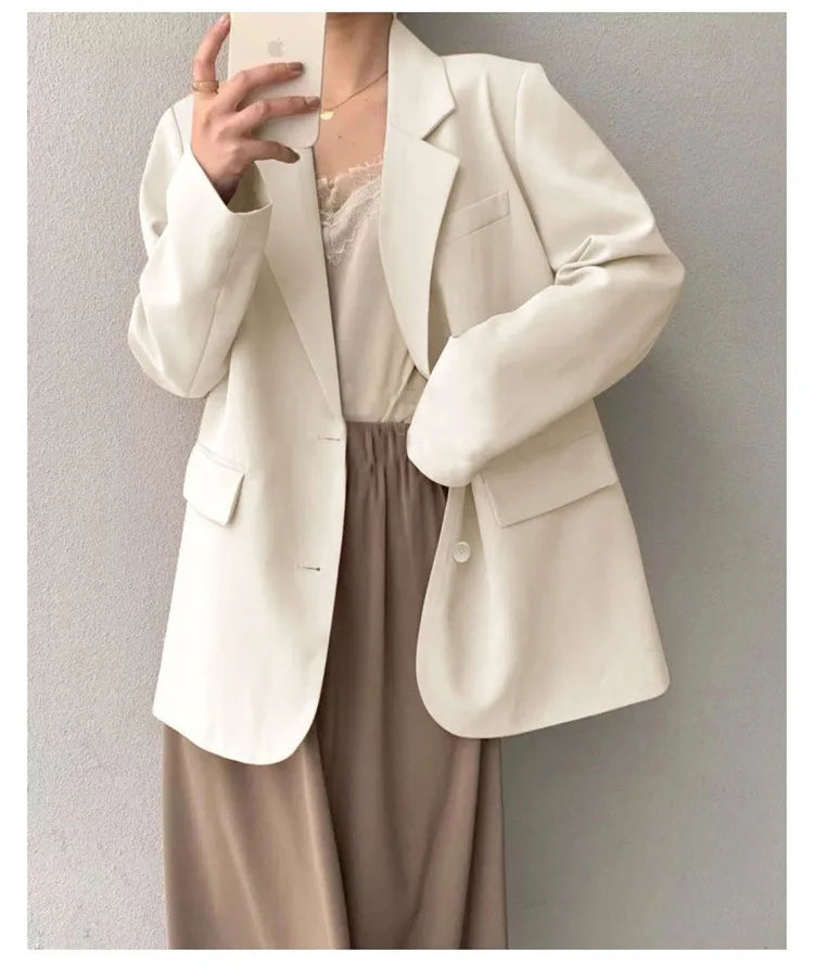 Mid Length Blazer Jacket Women Solid Long Sleeve Pocket Lapel Single Beasted Formal Coat Outerwear Loose Work Casual Blazers Pi-Mart