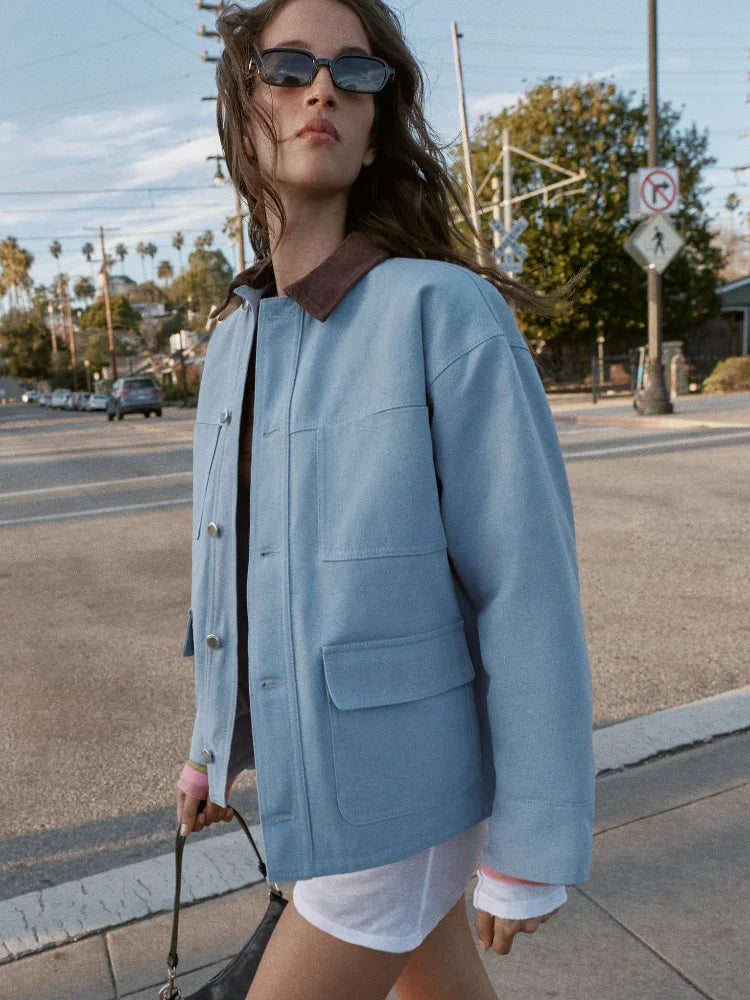 Women Blue Casual Multiple Patch Pocket Jacket Chic Corduroy Collar Single Breasted Short Coat 2026 Lady Daily Spring Wear New LadyShow.Store