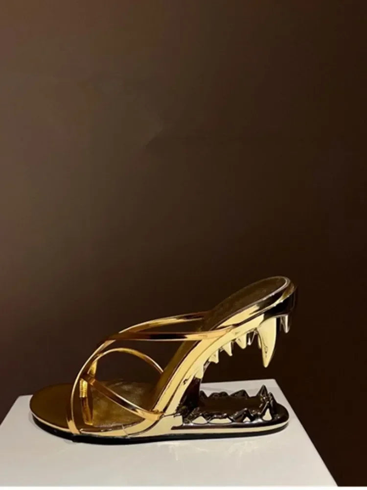 2026 Summer New Metal Tiger Teeth Single Shoes, High Heels, Fashion Show, Women's Wear, Size 44 Women's Sandals LadyShow.Store