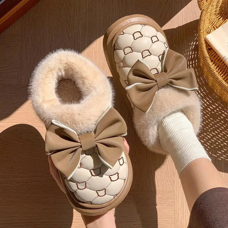 Platform Ankle Boots Female Bowknot Designer Winter Snow Booties Indoor Fluffy Slippers Women House Flats Fashion Footwear Warm LadyShow.Store
