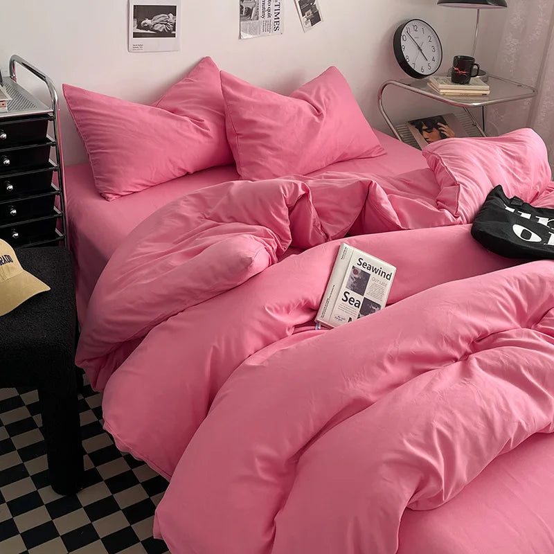 Washed Cotton Bed Linen Bedding Set 4 Pieces Bed Sheets Set Solid Color Comforter Cover Couple Queen King Size Bed Quilt Cover LadyShow.Store