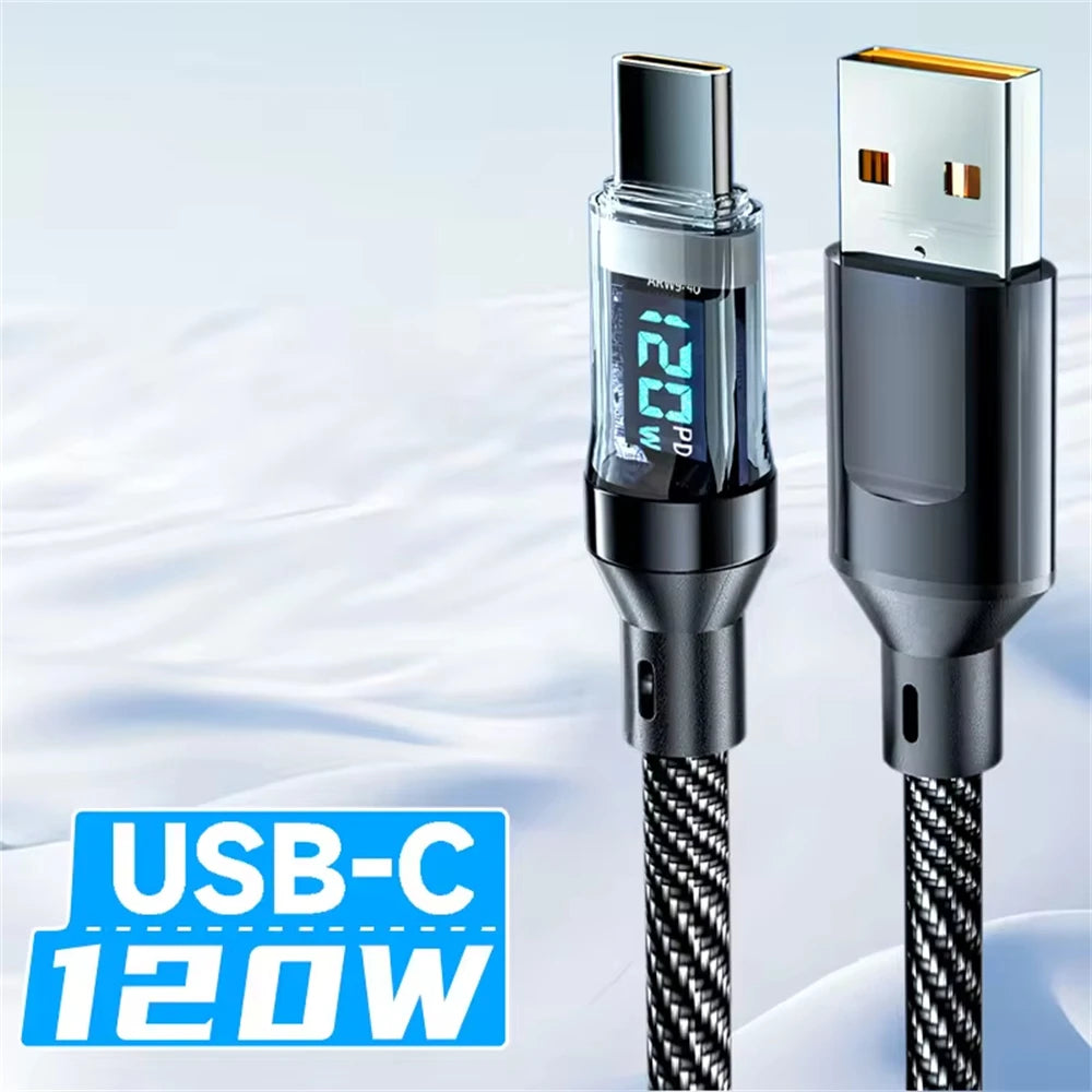 120W Super Fast Charging Cable Real-time Digital Display USB A to Type C Data Cable For iPhone Android Phones Universal Pi-Mart