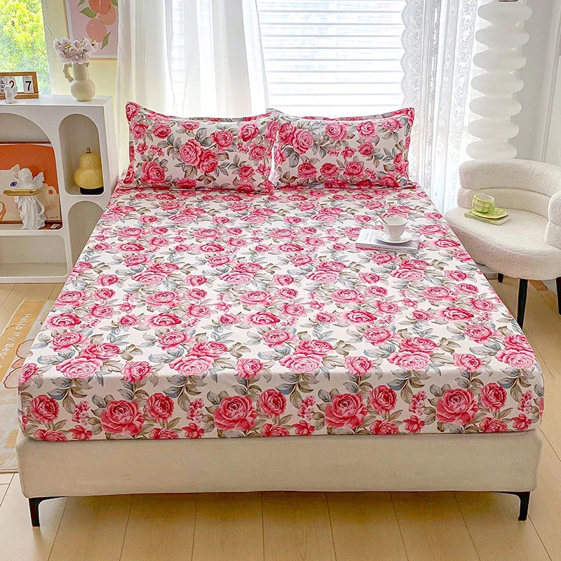 Red Flower Printed Bed Sheet Sets Queen/King Size sabanas cama matrimonial Reactive Printed Fitted Bedsheets for Double Bed LadyShow.Store