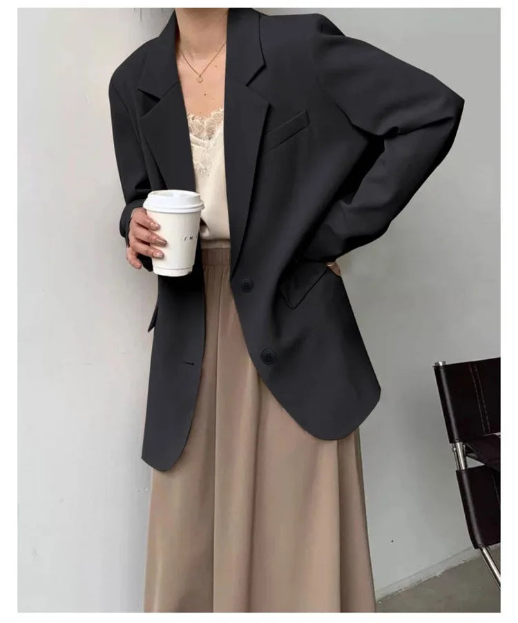 Mid Length Blazer Jacket Women Solid Long Sleeve Pocket Lapel Single Beasted Formal Coat Outerwear Loose Work Casual Blazers Pi-Mart