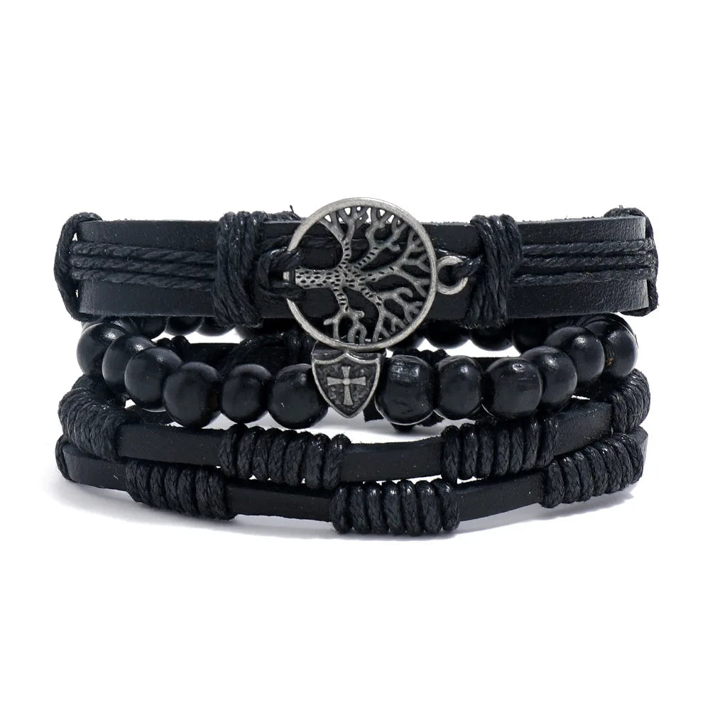 4Pcs/ Set Braided Wrap Leather Bracelets for Men Vintage Life Tree Rudder Charm Wood Beads Ethnic Tribal Wristband Rope Bracelet Pi-Mart