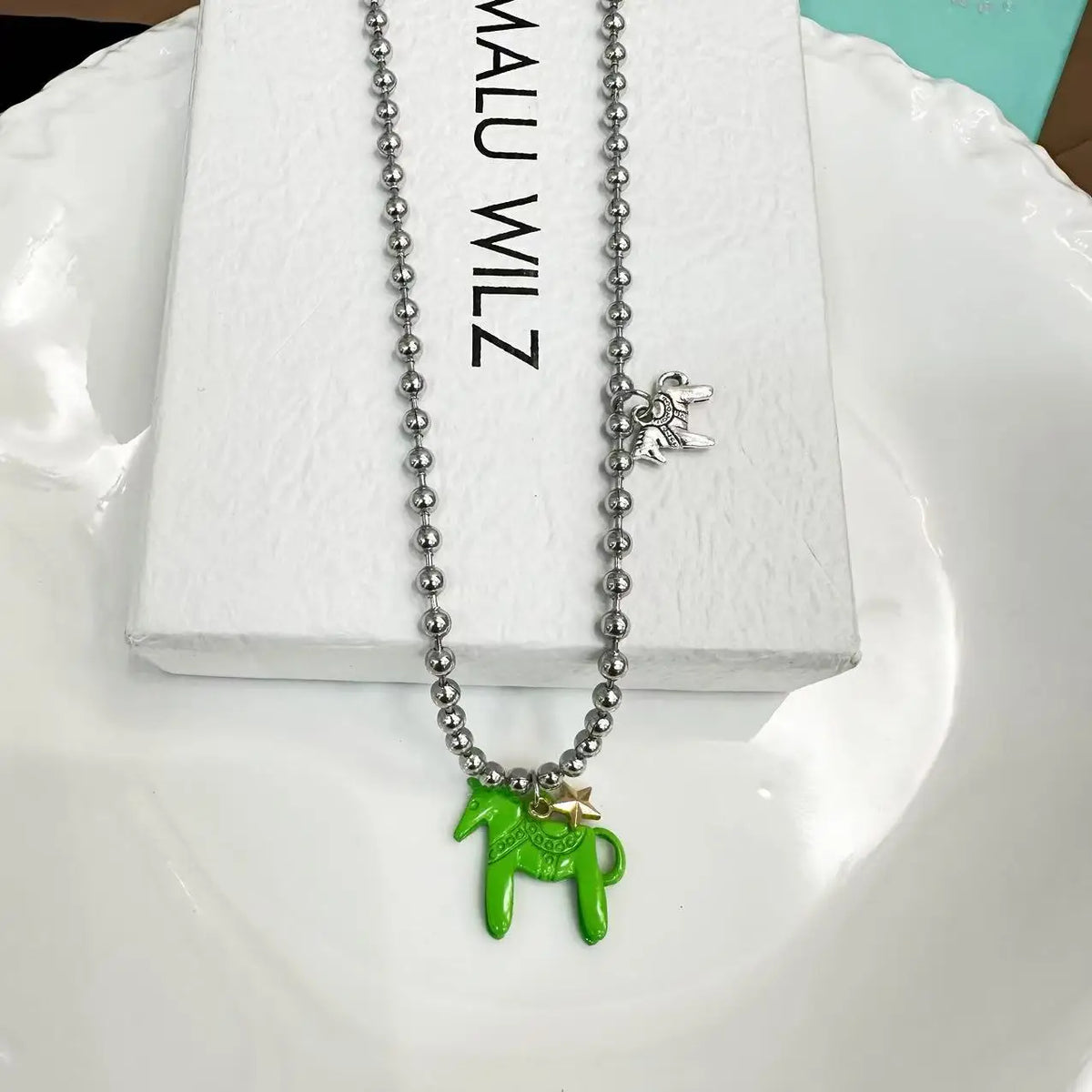 LATS White Black Green Blue Pink Color Enamel Colt Horse Pendant Necklaces for Women Silver Plated Alloy Beads Chain Chokers Pi-Mart