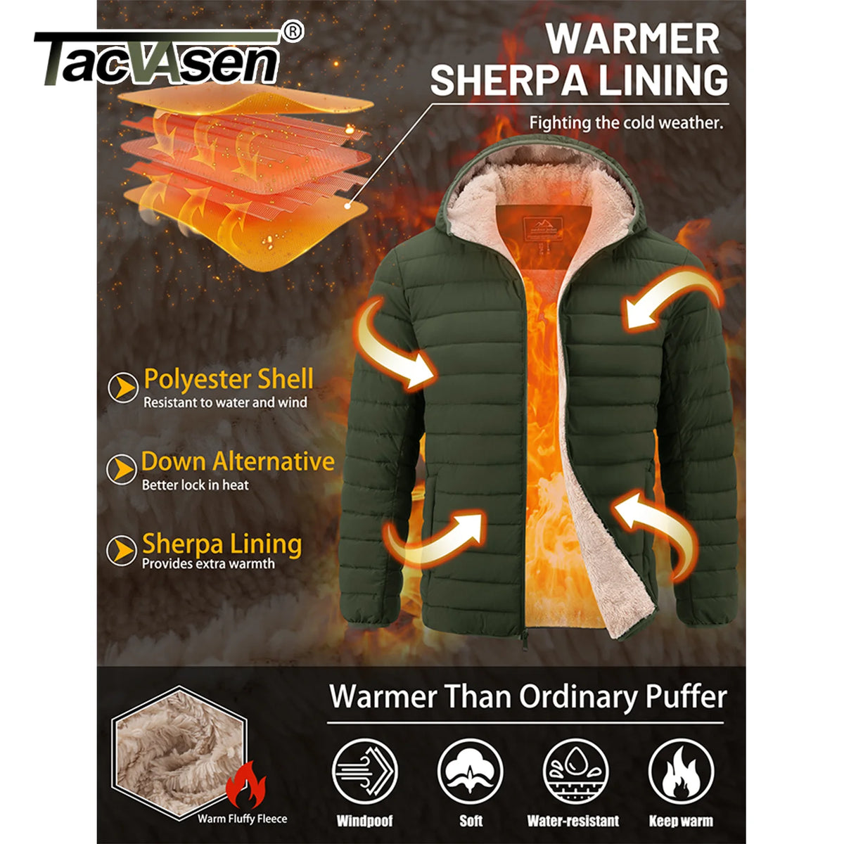 TACVASEN Men's Puffer Jacket Winter Warm Hooded Sherpa Lined Water Resistant Windproof Insulated Jacket Warm Winter Puffy Coat Pi-Mart