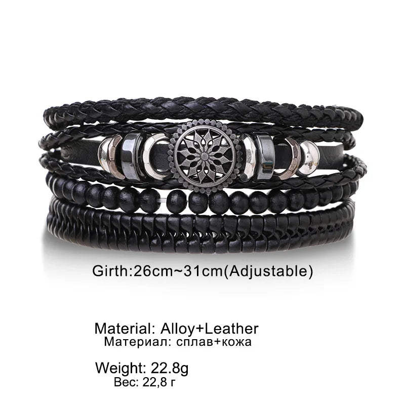 4Pcs/ Set Braided Wrap Leather Bracelets for Men Vintage Life Tree Rudder Charm Wood Beads Ethnic Tribal Wristband Rope Bracelet Pi-Mart