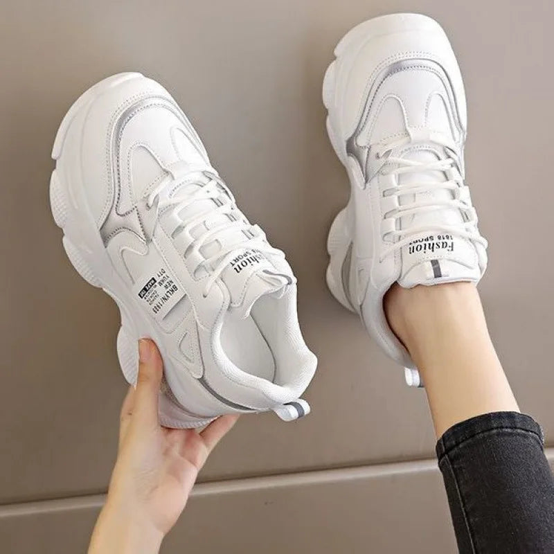 Women's Thick Soled Lightweight Sports Shoes Spring and Autumn New White Casual Women's Thick Soled Height Increasing Shoes Pi-Mart