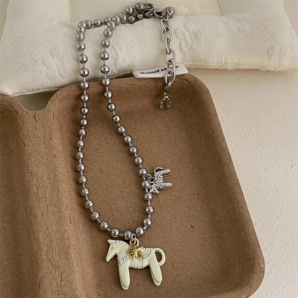 LATS White Black Green Blue Pink Color Enamel Colt Horse Pendant Necklaces for Women Silver Plated Alloy Beads Chain Chokers Pi-Mart