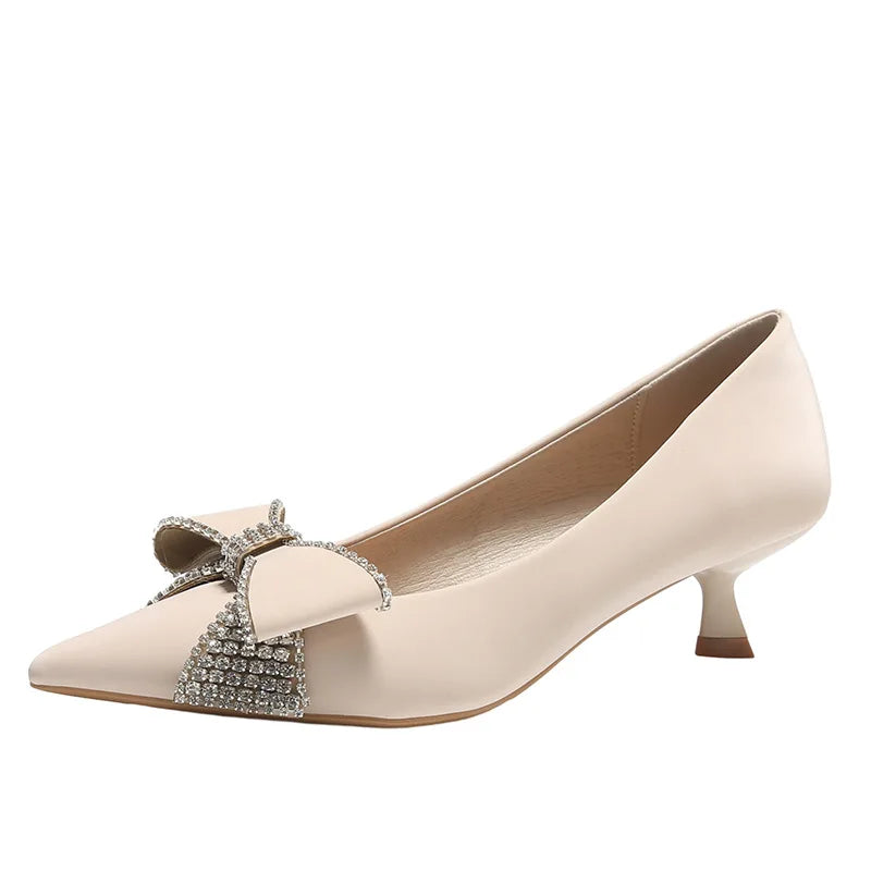 High Quality Satin Rhinestone Bowknot Design Kitten Heel Pumps Women Pointed Toe Elegant Party Shoes Luxury Wedding Bride Heels LadyShow.Store