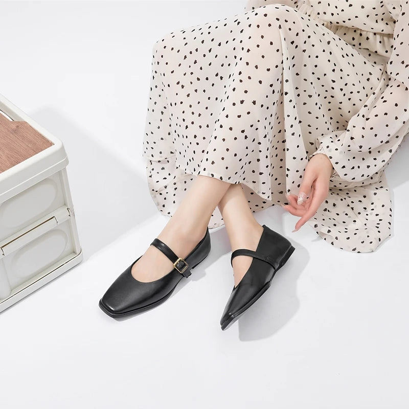 AIYUQI Mary Jane Shoes Female Genuine Leather 2026 New Snap Ballet Shoes Women Square Toe Flat Cowhide Ladies Shoes Pi-Mart