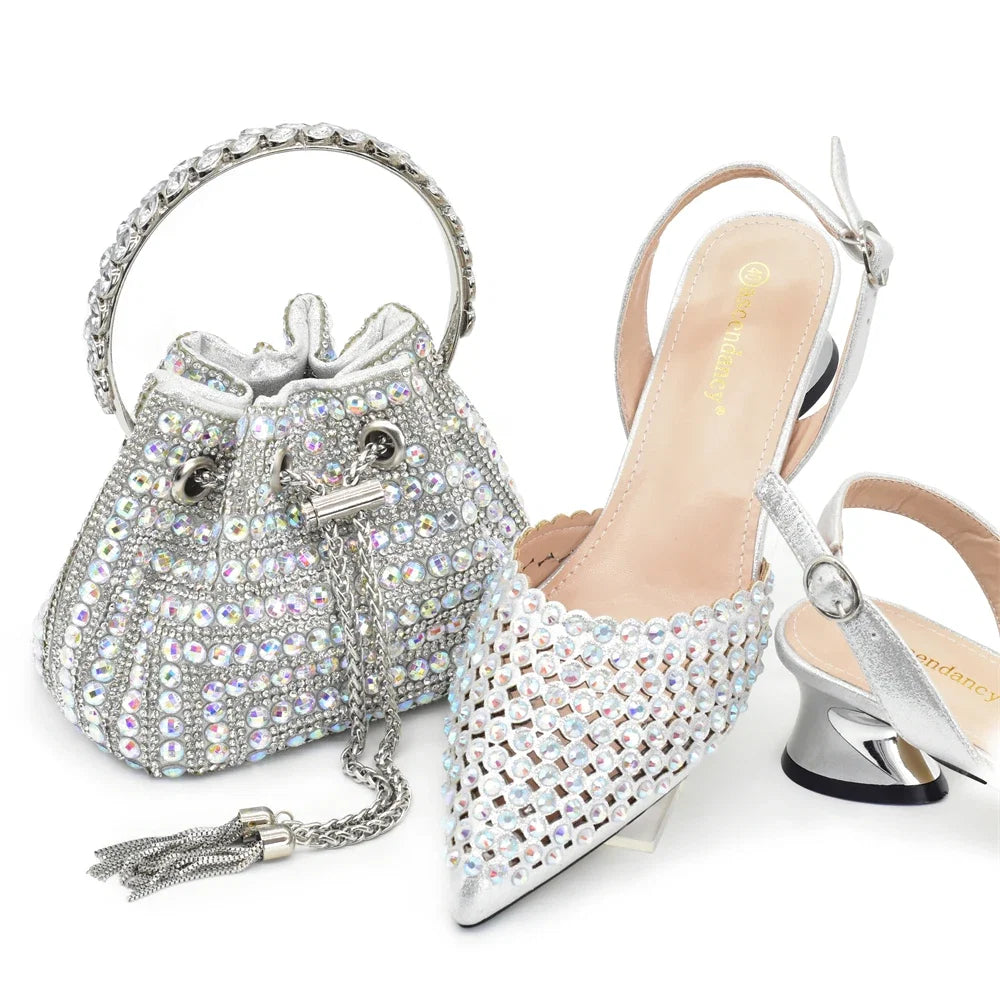 New Fashion Gold Color Shoes and Bags To Match Set Nigeria Party Women's Wedding Bag and Shoe Set Decorated with Rhinestone LadyShow.Store