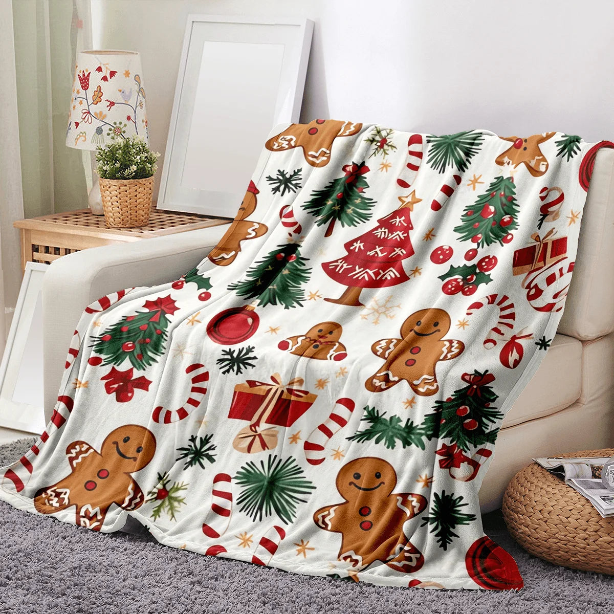 1pc Ultra-Soft Christmas Gingerbread Wonderland Print Flannel Throw Blanket- Festive Holiday Decorative Blanket Pi-Mart