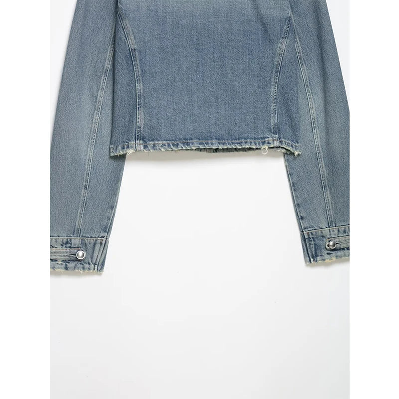 YENKYE Women's Cropped Denim Jacket Front Button Frayed Hem Stand Collar Streetwear Coat LadyShow.Store