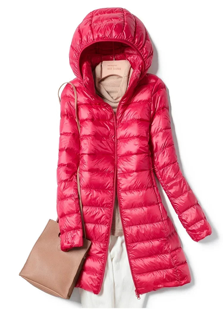 Plus Size Winter Womens Fashionable Outerwear Down Jackets Long Light Thin Coat Puffer Jacket Korean Slim Remove Hooded Parka LadyShow.Store