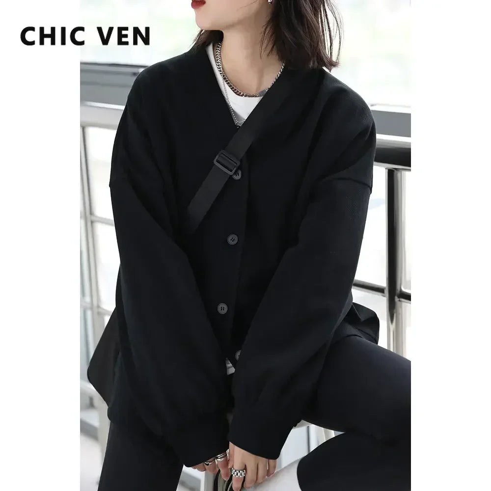CHIC VEN Korean Women's Sweatshirts Solid Plush Thick Warm Loose Casual Female Tops Office Lady Coats Jacket Autumn Winter 2023 LadyShow.Store