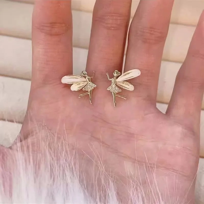 Trendy Girl Dancer Stud Earrings Crystal Acrylic Wings Angle Earrings for Women Korean Cute Sweet Jewelry Pi-Mart