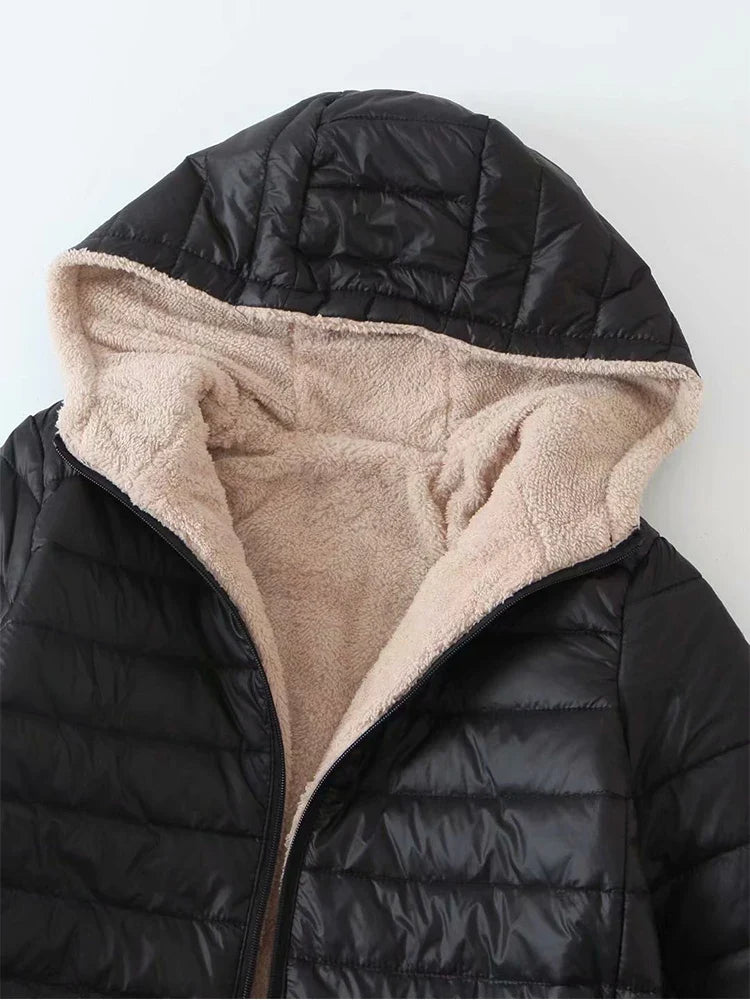 New Mid Length Korean Edition Hooded Fit Women Jackets Autumn Winter Mid-length Office Cotton Coats Warm Lamb Fleece Parkas LadyShow.Store