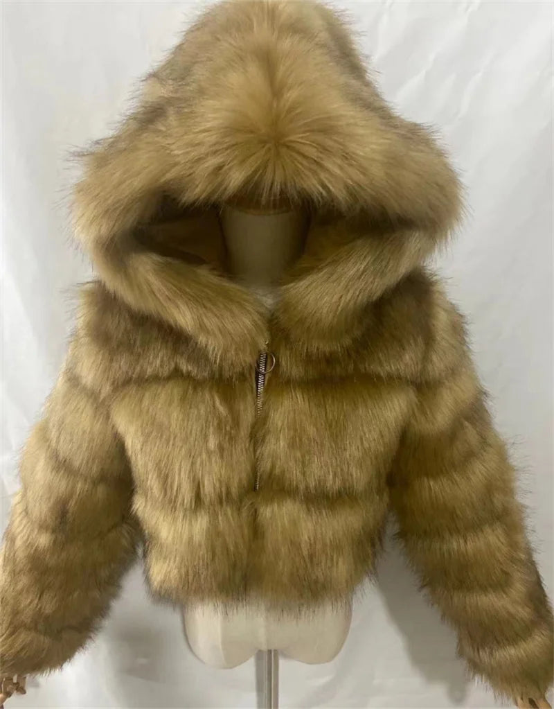 High Quality Furry Cropped Faux Fur Coats Jackets Women Fluffy Top With Hooded Winter Fur Jackets Fourrure Manteau Femme JH137 Pi-Mart