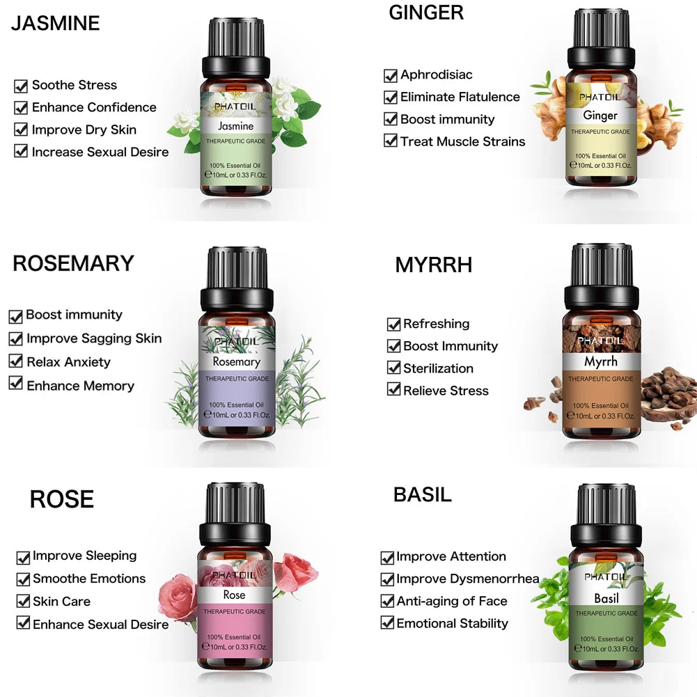 PHATOIL 10ml Ginger Essential Oil for Perfume Candles Making Spa Massage Humidifier Rose Jasmine Pine Needles Tangerine Thyme Pi-Mart