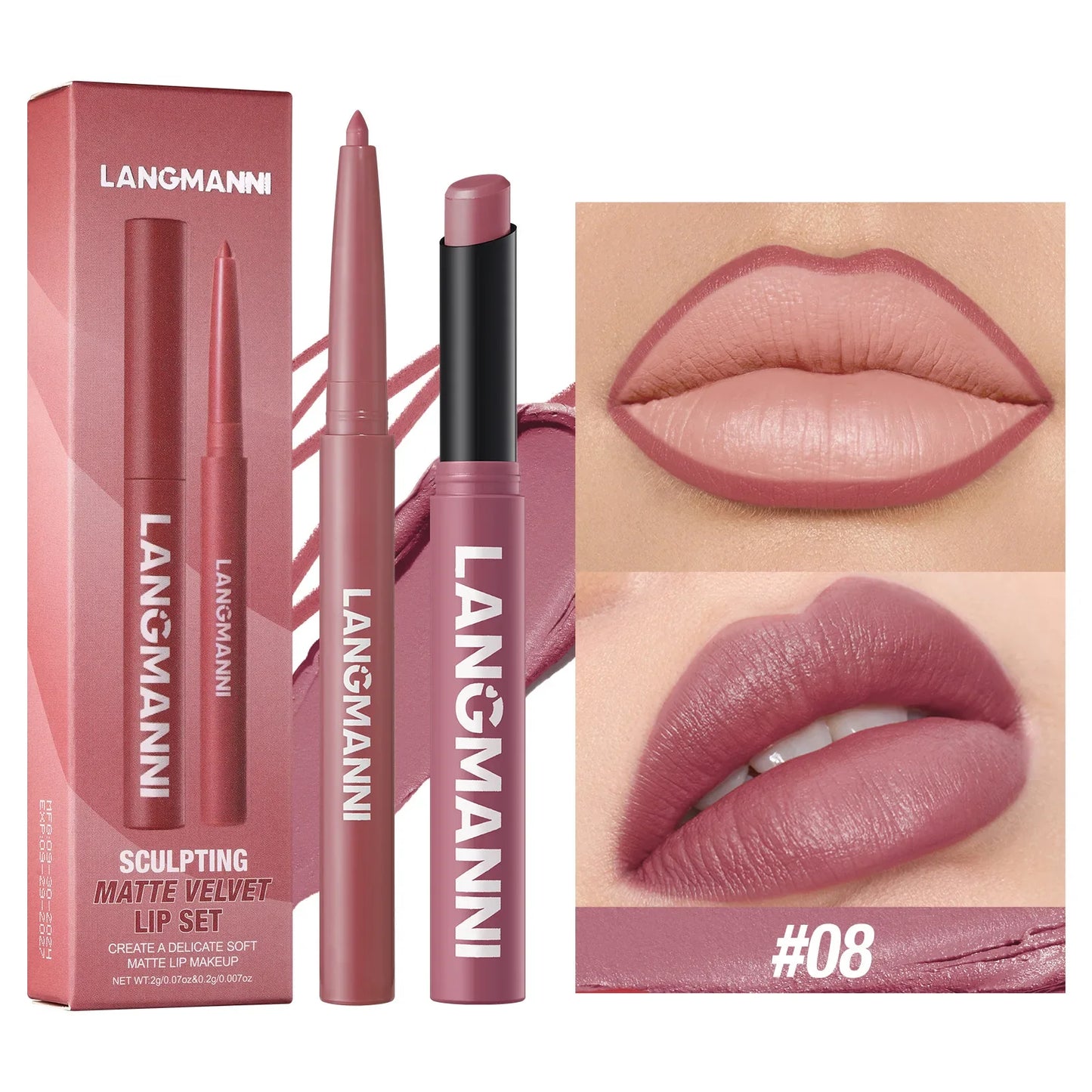 2Pcs/set Matte Soft Mist Slanted Mouth Lipstick + Lip Liner Set Combo Light Matte and Non-Drying Waterproof Non-Stick Lip Set LadyShow.Store