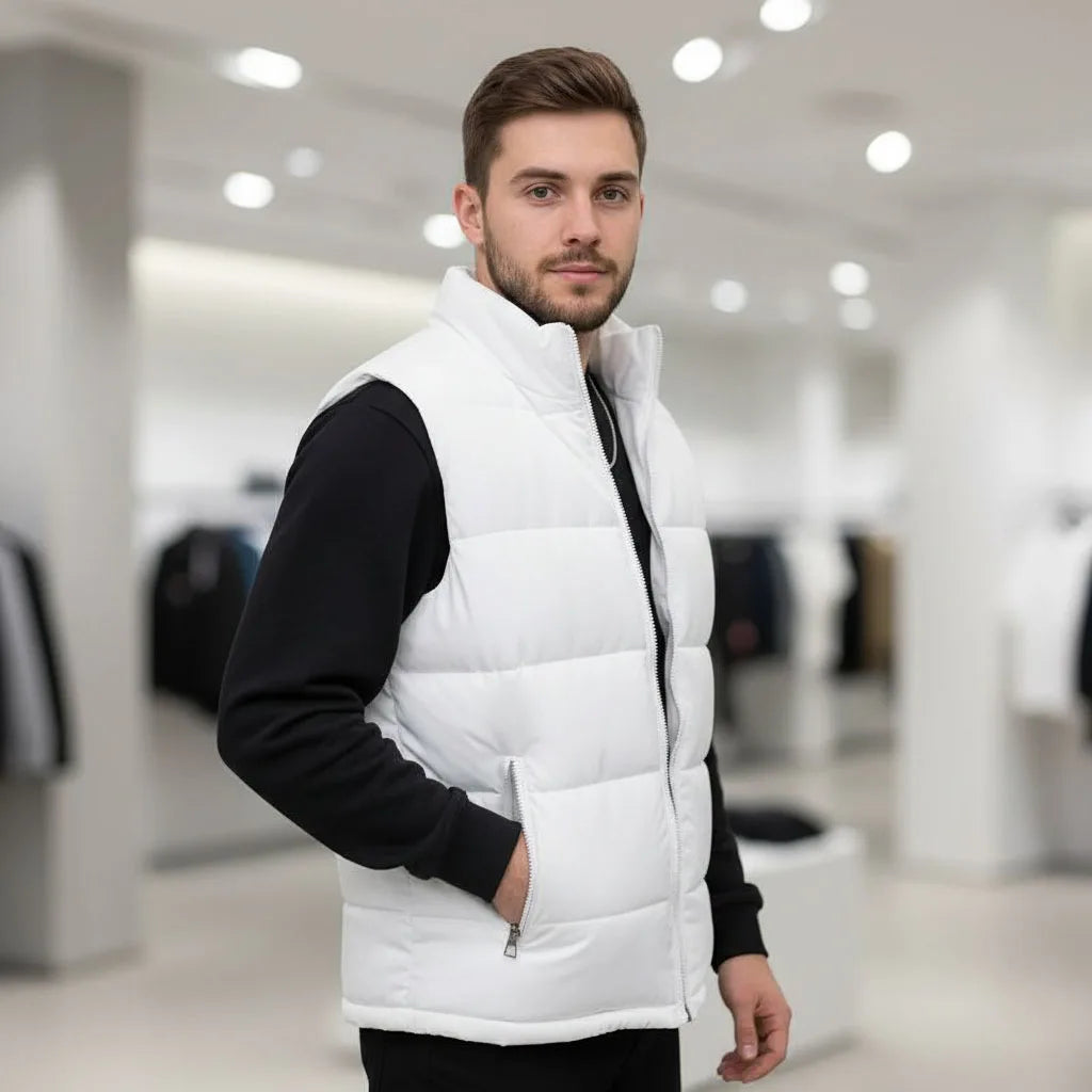 White Vest Jacket Men Slim Fit Stand Collar Sleeveless Puffer Jackets Spring Autumn Casual Waistcoat Men Warm Coat 2026 Trends Pi-Mart