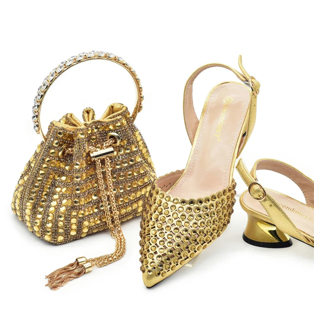 New Fashion Gold Color Shoes and Bags To Match Set Nigeria Party Women's Wedding Bag and Shoe Set Decorated with Rhinestone LadyShow.Store