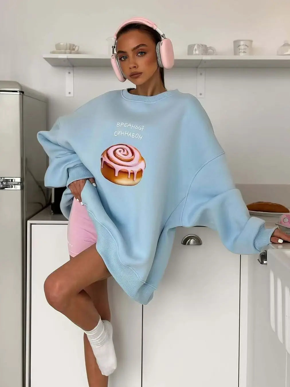 blue Cartoon pastries Russian letter print hip hop O Neck Oversize Sweatshirt Women Thin Spring 2025 Hoodies American Casual Top LadyShow.Store