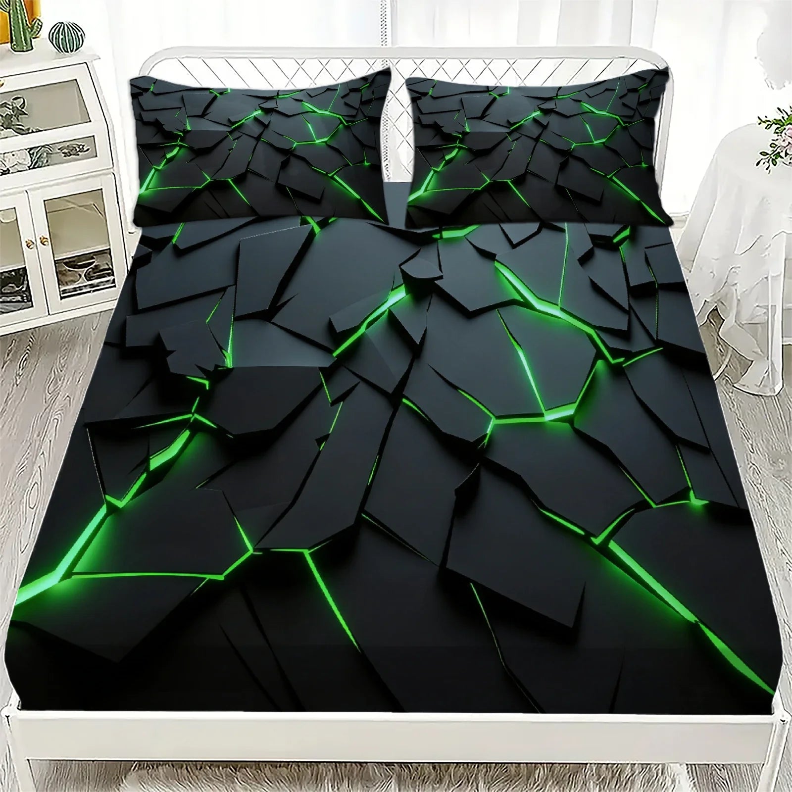 3Pcs Lightning Glow Fitted Sheet Set 3D Printed Soft Red Black Bedspread Single Twin Queen King Size Bed Sheet Set Home Decor LadyShow.Store