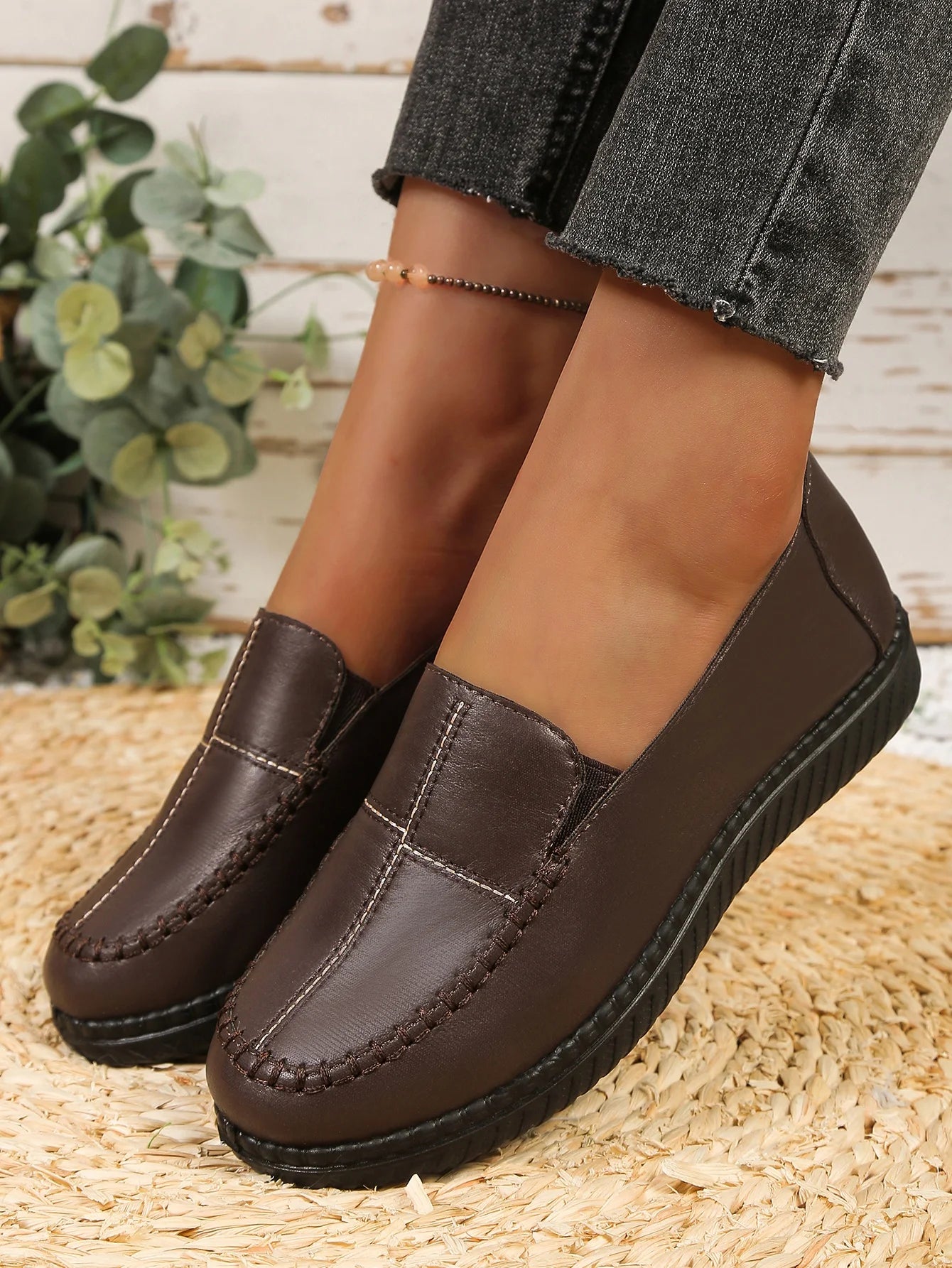 Women's Spring Autumn Leather Loafers Floral Embossed Slip‑On Flats Anti‑Slip Comfort Casual Mom Daily Walking Free Shipping Pi-Mart