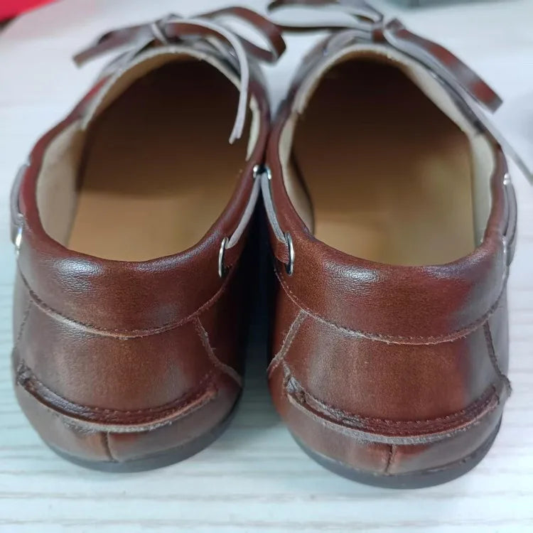 Leather Shoes for Women 2026 Spring and Autumn Sheepskin Worn Dirty Tied Soft Soled Loafer Shoes Retro One Foot Women's Shoe Pi-Mart