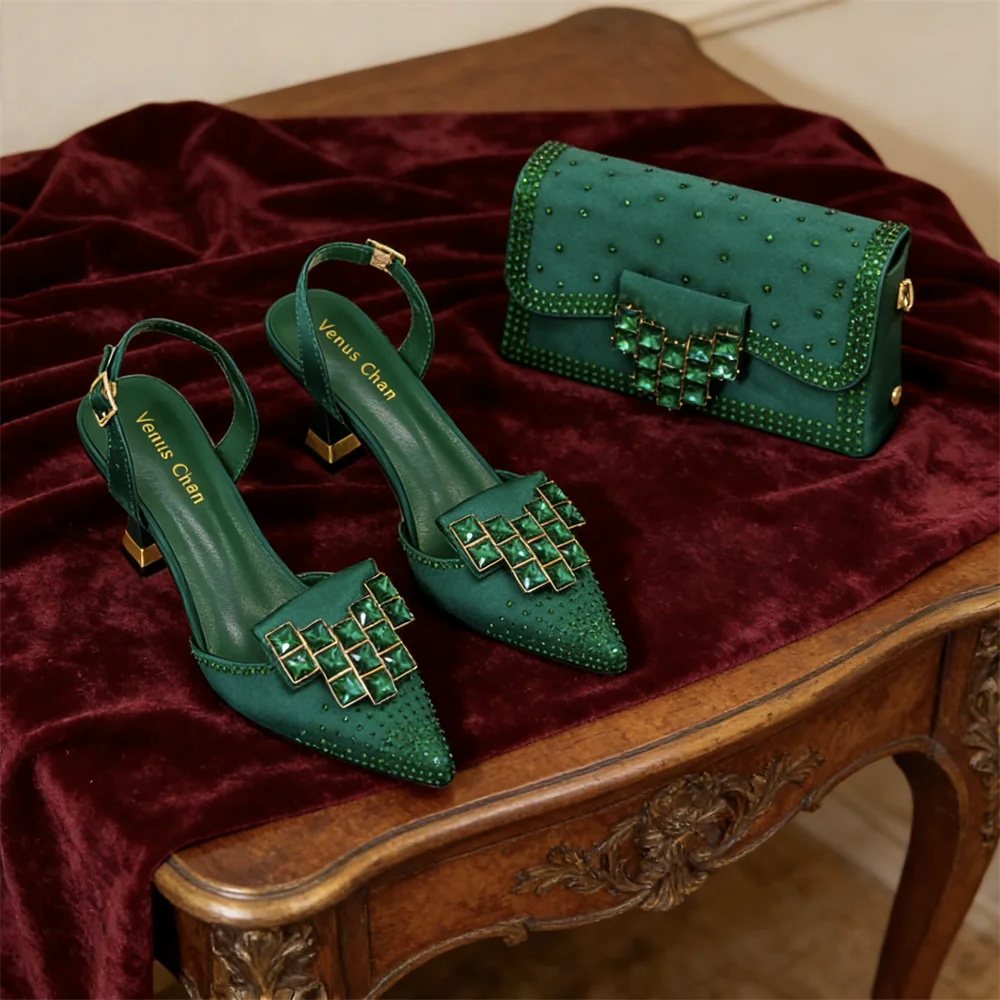 Venus Chan 2026 INS Italy Elegant Rhinestone Pointed Toe High Heels & Matching Bag Set - Perfect for Women's Parties & Weddings Pi-Mart