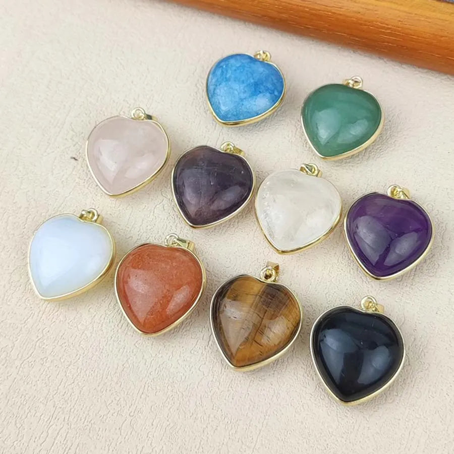 Charms Natural Healing Crystal Heart Stone Pendants For Women Necklace DIY Amethyst Rose Quartz Fluorite Aquamarine Men Jewelry Pi-Mart