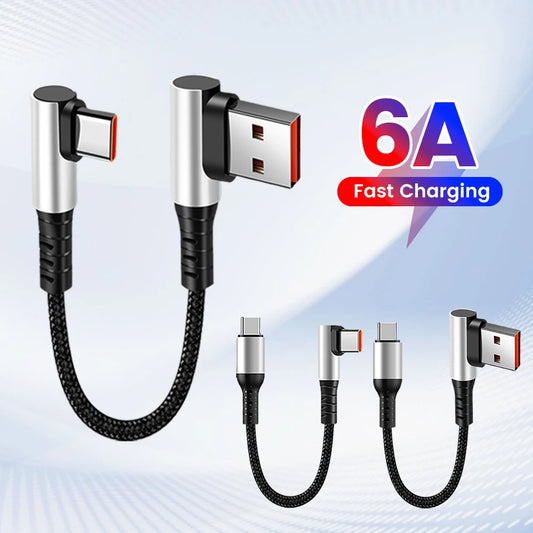 6A 0.25 0.5M Short Cable 90 Degree Elbow USB A Type C to Type C Cable Fast Charging Data Cord Power Bank Wire For iPhone 15 IPad Pi-Mart