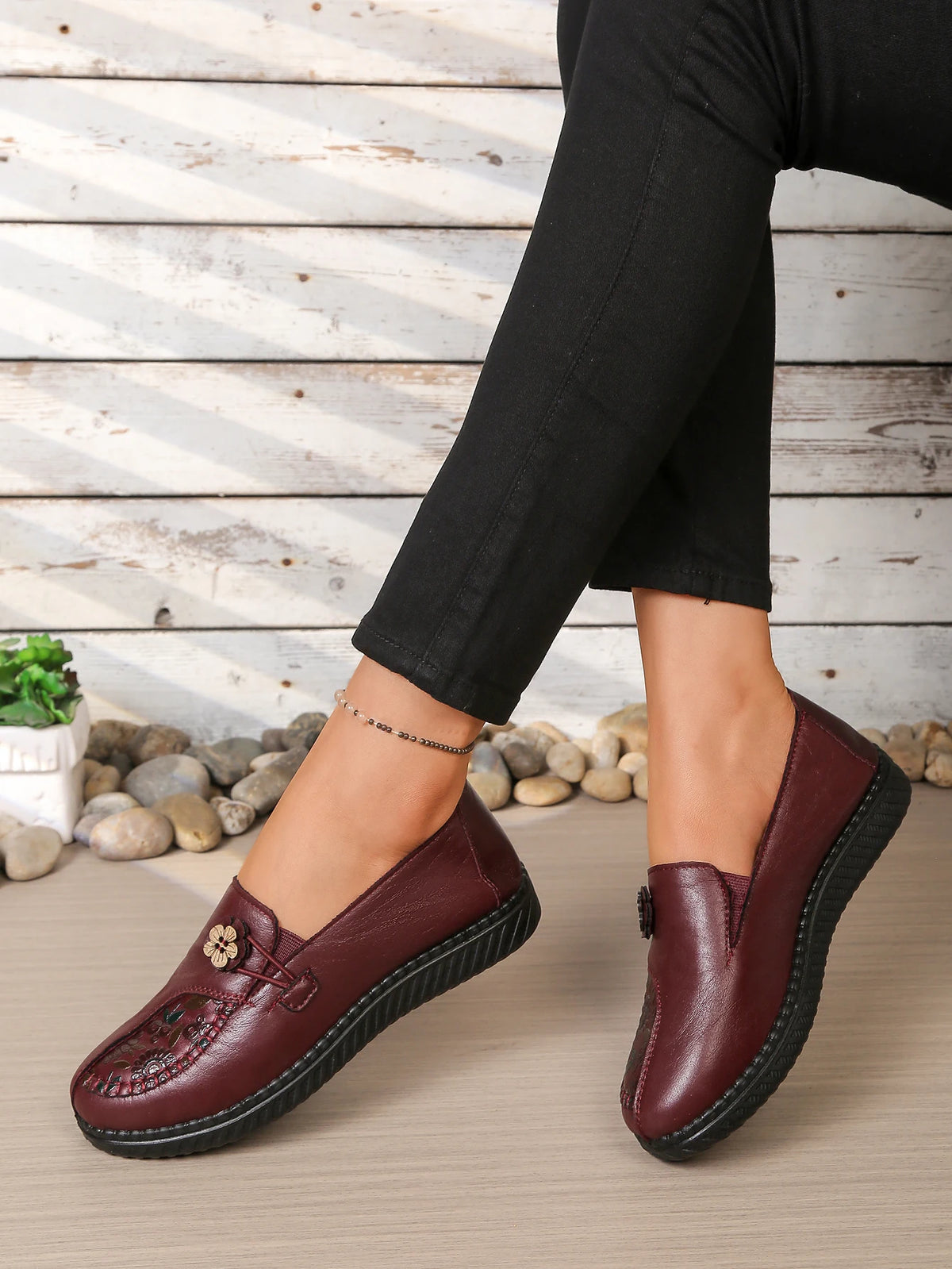 Women's Spring Autumn Leather Loafers Floral Embossed Slip‑On Flats Anti‑Slip Comfort Casual Mom Daily Walking Free Shipping Pi-Mart