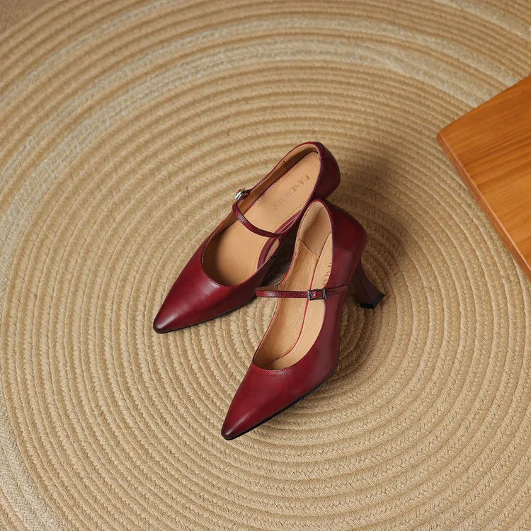 NEW Spring/Autumn Women Pumps Genuine Leather Shoes for Women Pointed Toe Thin Heel Shoes Shallow Buckle Strap Mary Janes Shoes Pi-Mart