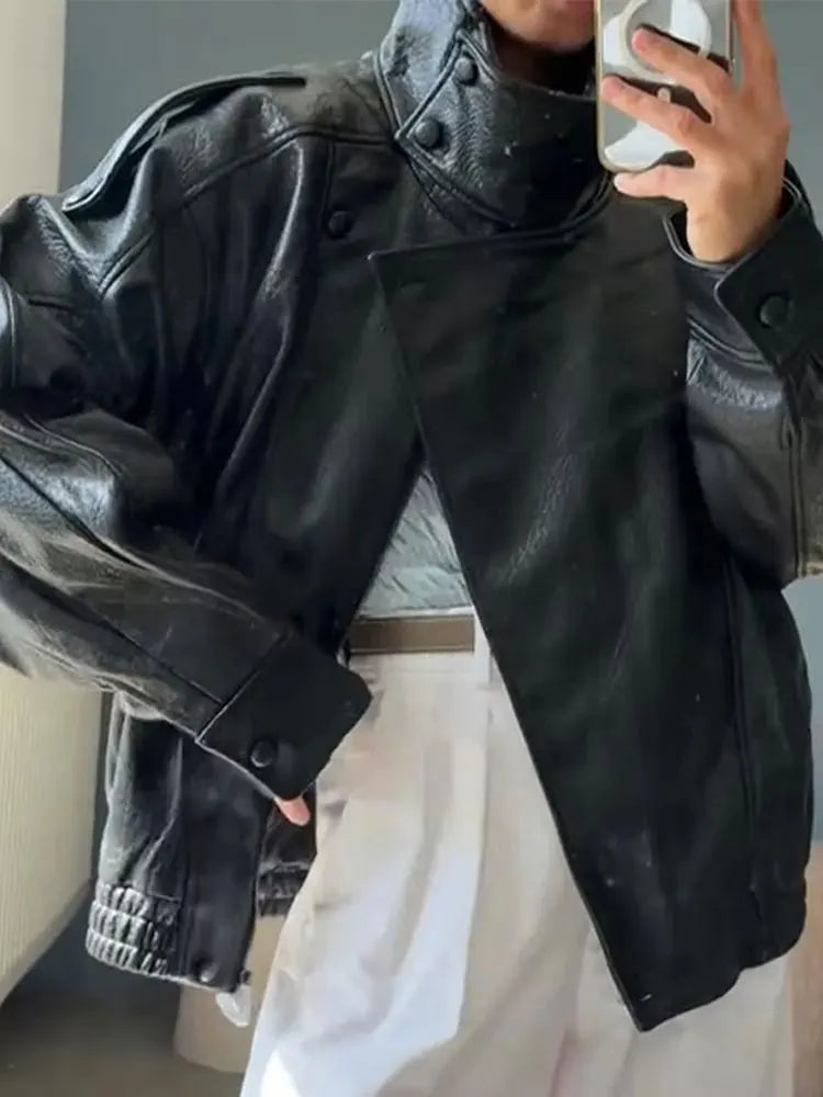 HH Autumn Faux Leather Jacket For Women Casual Solid Long Sleeve Zipper Pu Leather Coats New Fashion Female Streetwear Pi-Mart